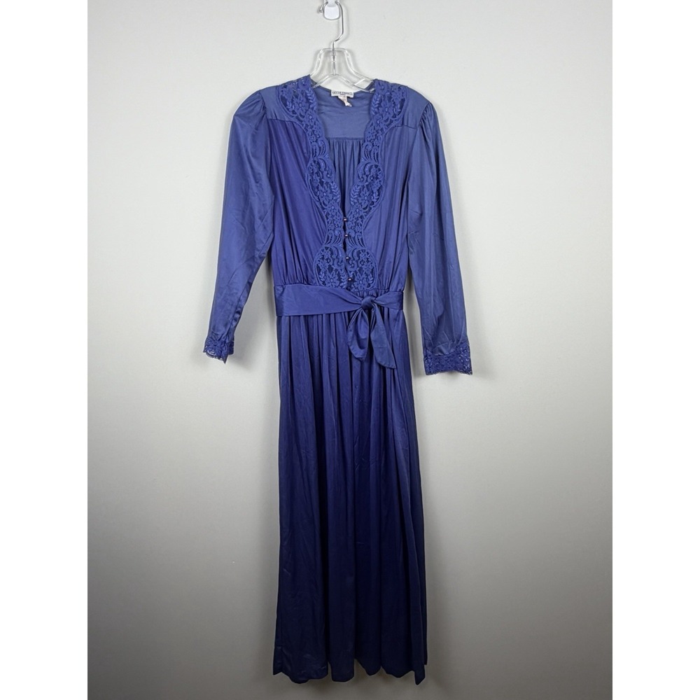 Vintage Lily of France Rosa Puleo Women Blue Lace Trim Long Robe Small